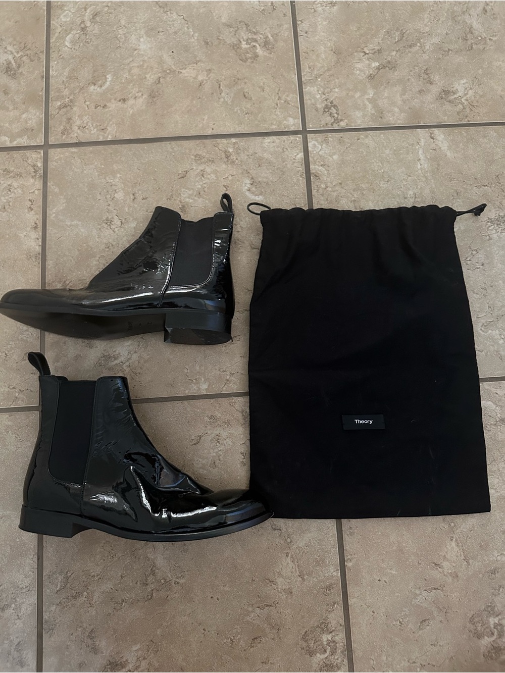THEORY PATENT LEATHER BLACK ANKLE BOOTS